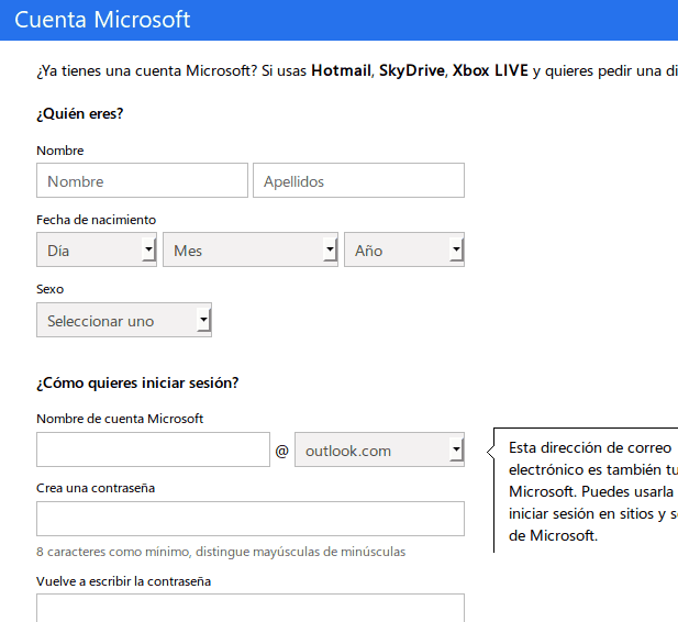 Formulario Hotmail Crear cuenta en hotmail